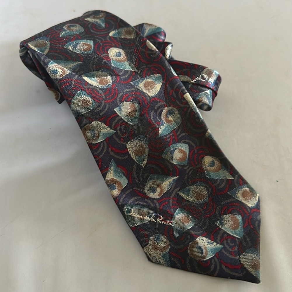 Vintage 90s Oscar De La Renta Tie Silk Multicolor Geometric Print 80s 90s (binS)